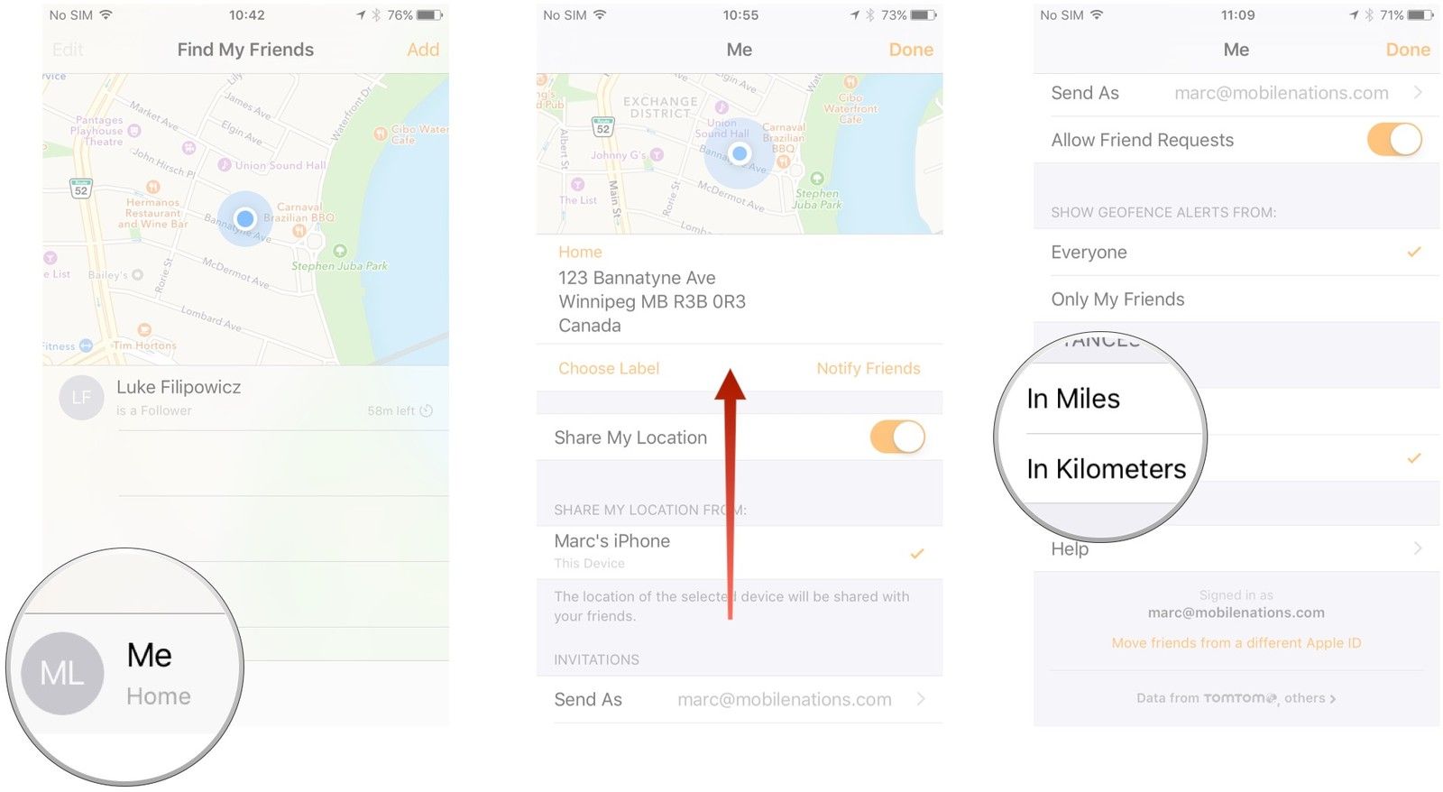 Запустите Find My Friends. Коснитесь меня. Проведите вверх по меню Me. Нажмите вариант объекта.
