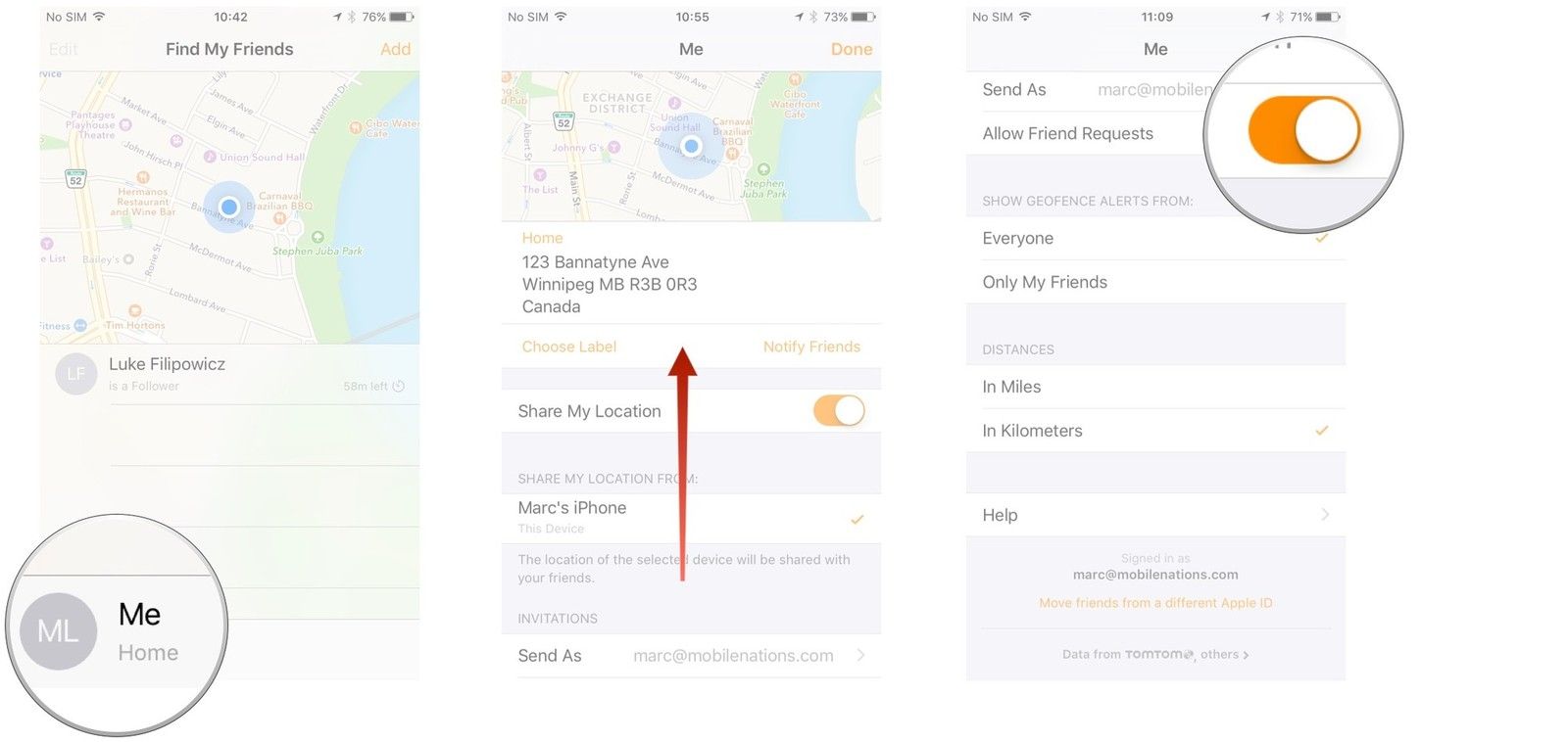 Запустите Find My Friends. Коснитесь меня. Проведите вверх по меню Me. Установите переключатель «Разрешить запросы друга» на «Вкл» или «Выкл.».