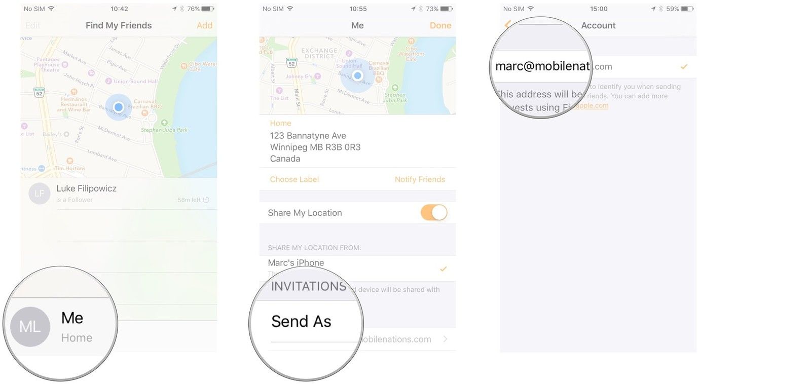 Запустите Find My Friends. Коснитесь меня. Нажмите «Отправить как». Нажмите на учетную запись, которую вы'd like to send notifications from.