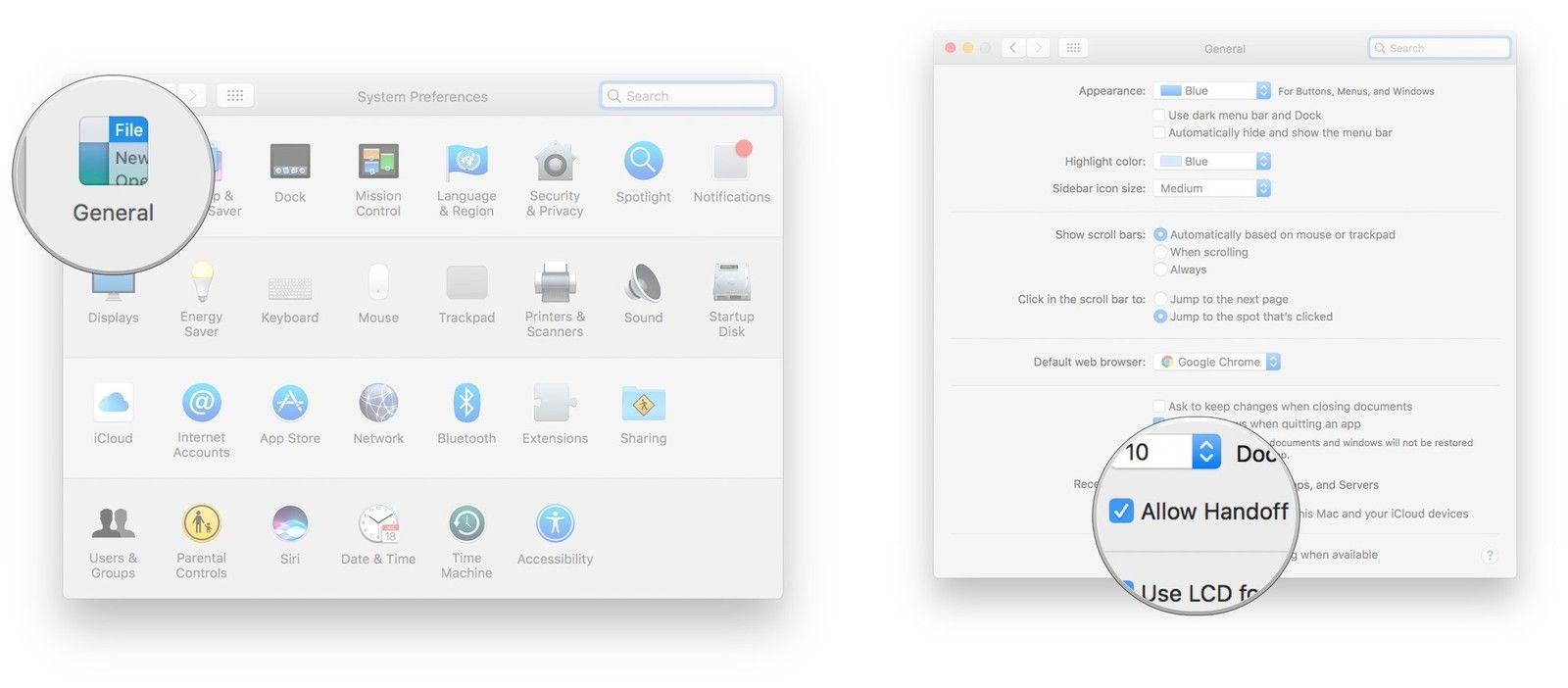 Запустите Системные настройки, нажмите «Общие», установите флажок «Разрешить передачу обслуживания»