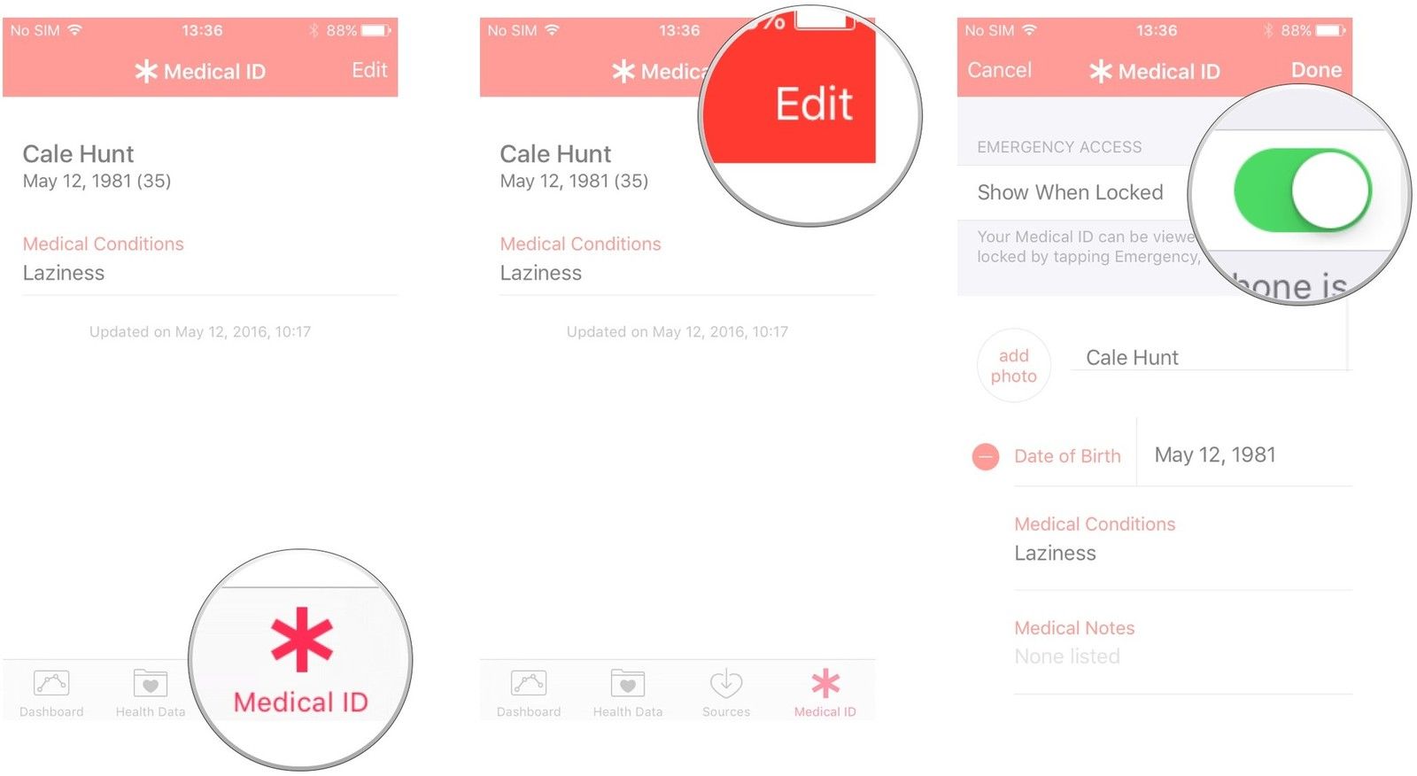 Запустите приложение Здоровье. Нажмите «Медицинский идентификатор». Нажмите «Изменить». Коснитесь слайдера «Показать при блокировке».