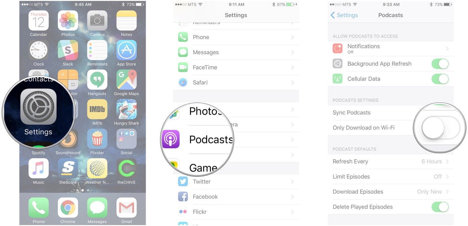 Запустите Настройки, нажмите «Подкасты», нажмите переключатель рядом с «Только загрузка по Wi-Fi».