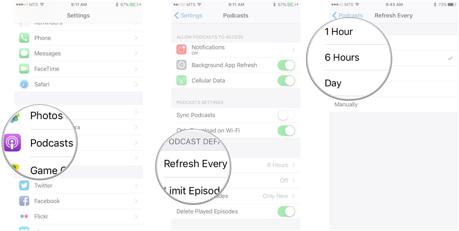 Нажмите «Подкасты», нажмите «Обновить каждый», выберите частоту