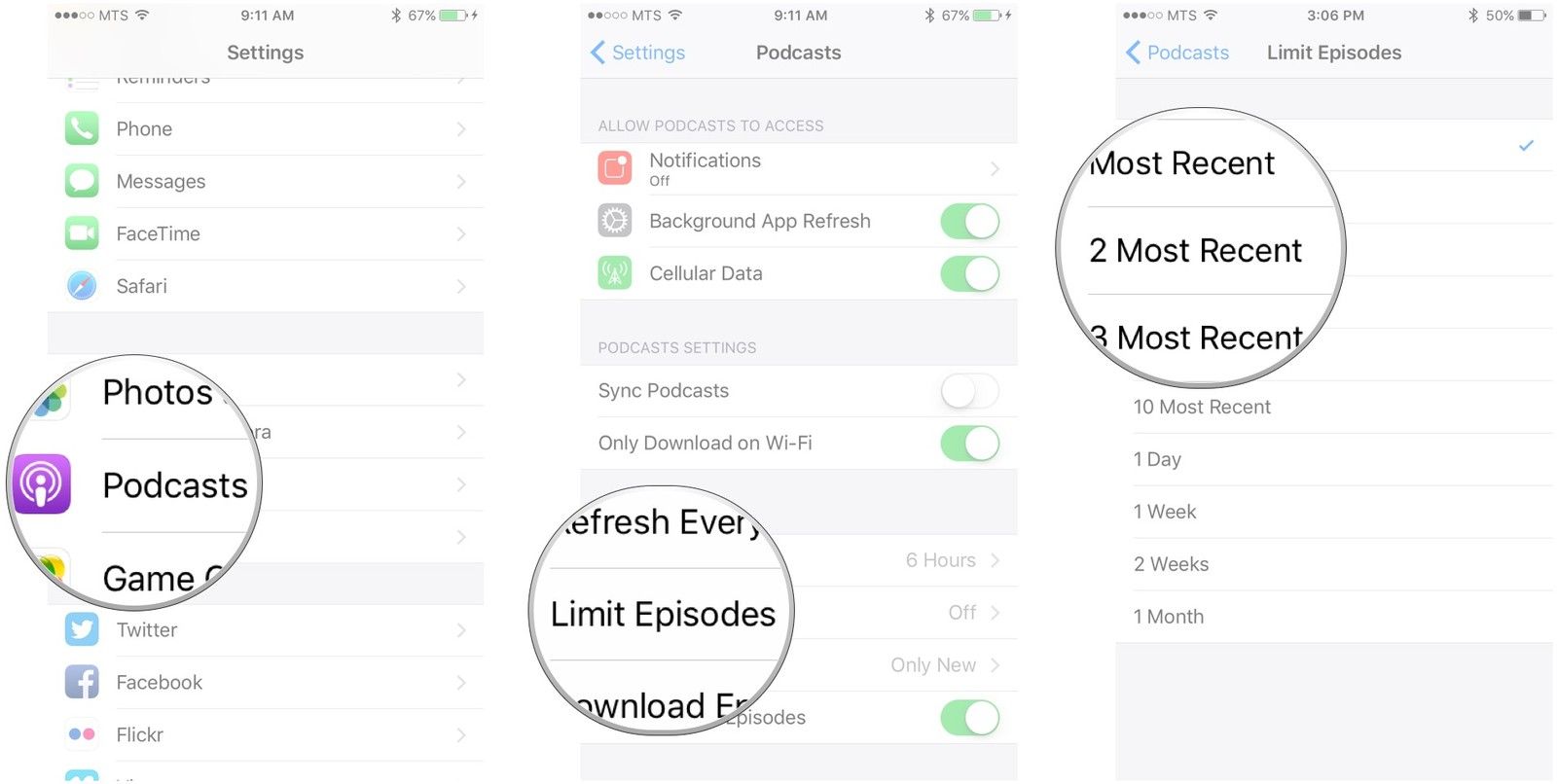Нажмите «Подкасты», нажмите «Предельные эпизоды», нажмите «Ограничить».