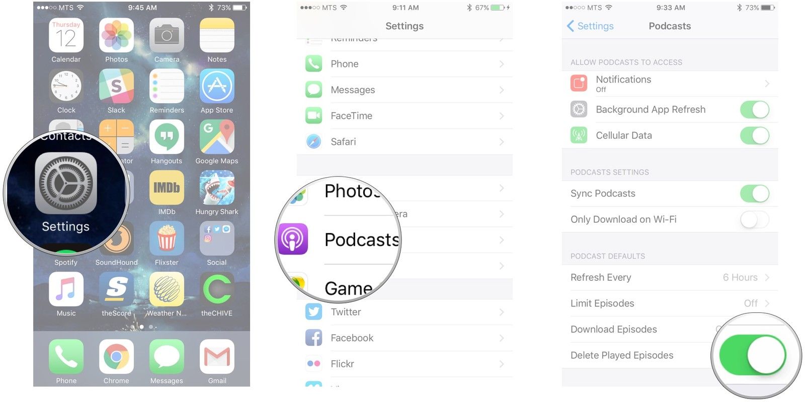 Запустите «Настройки», нажмите «Подкасты», нажмите переключатель рядом с «Удалить воспроизведенные эпизоды».