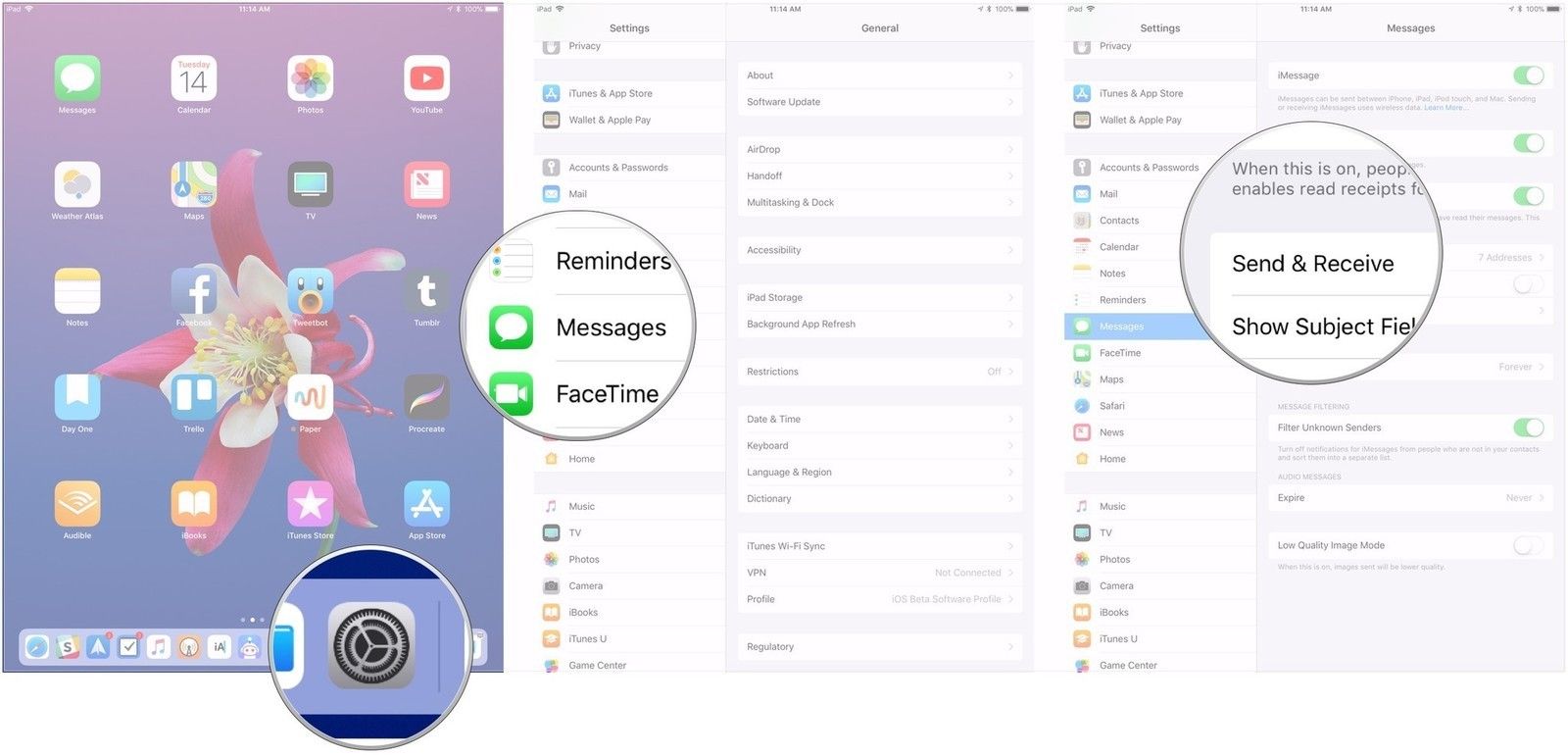 Откройте «Настройки», нажмите «Сообщения», нажмите «Отправить и получить».