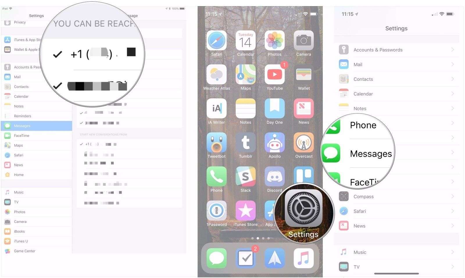 Нажмите номер телефона, откройте «Настройки» на iPhone, нажмите «Сообщения»
