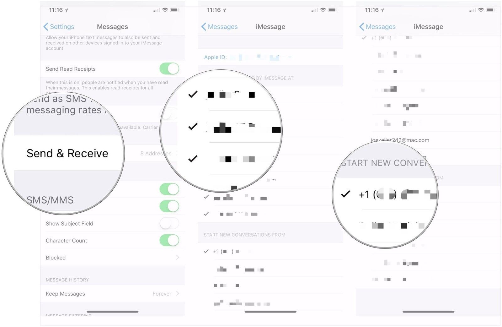 Нажмите Отправить и получить, нажмите адреса электронной почты, проверьте номер телефона