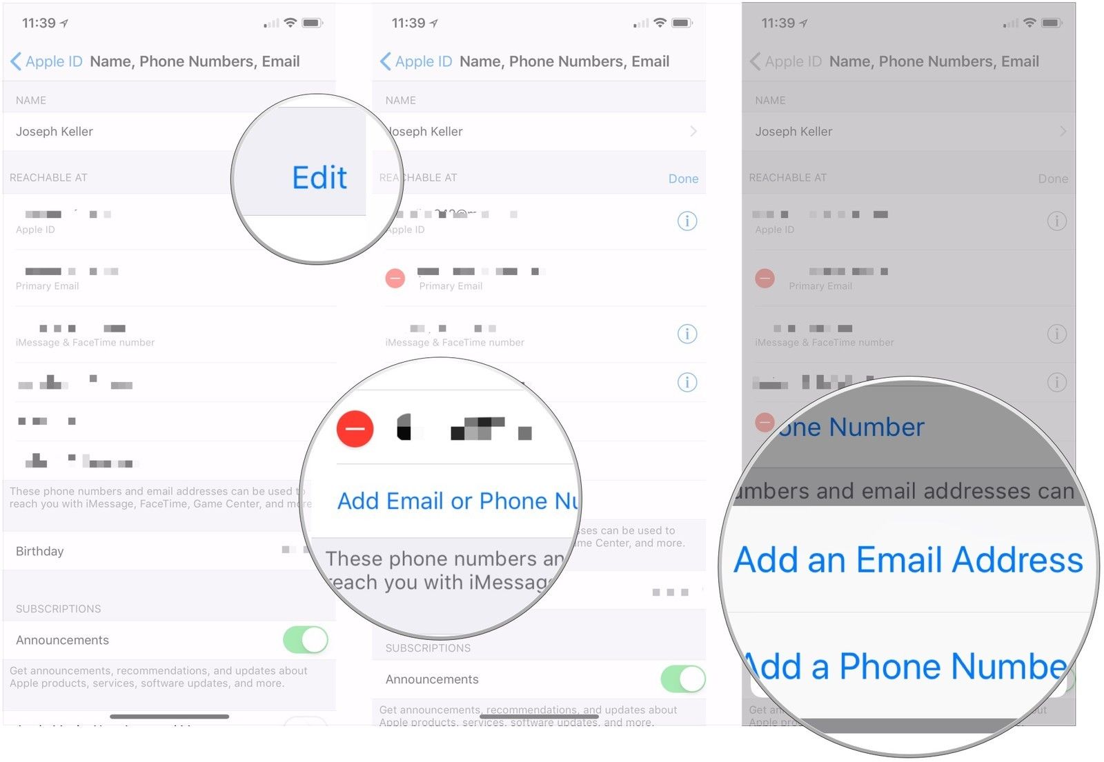 Нажмите Изменить, нажмите Добавить адрес электронной почты или номер телефона