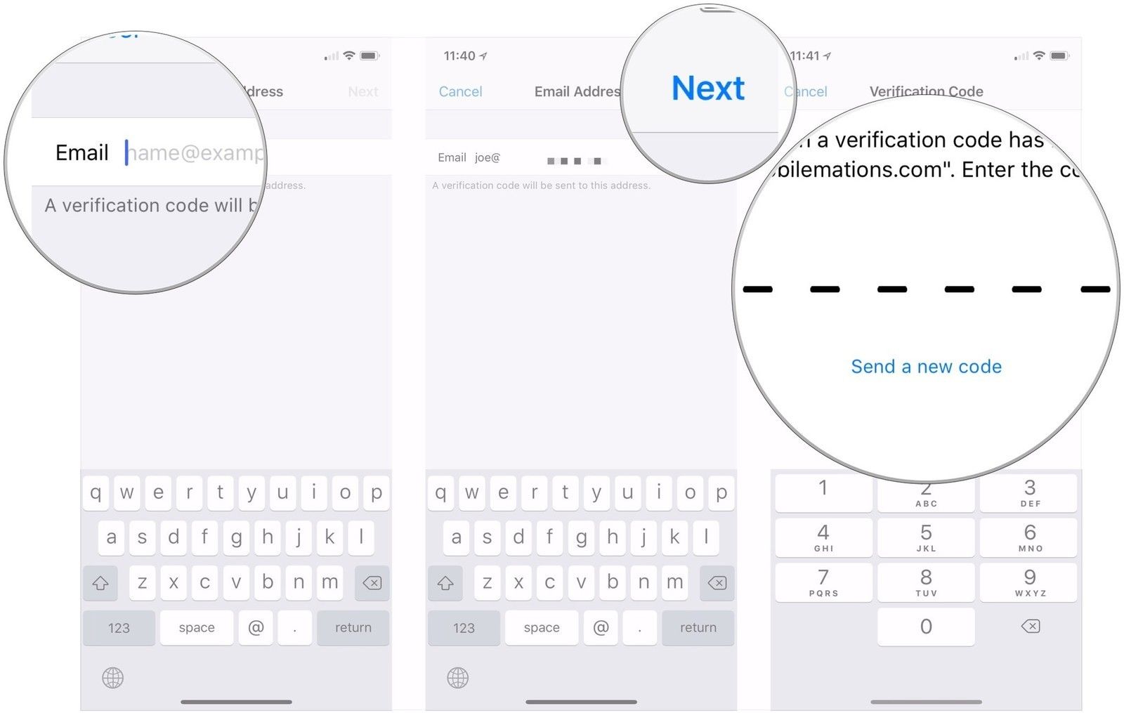 Введите адрес электронной почты, нажмите Далее, введите код подтверждения