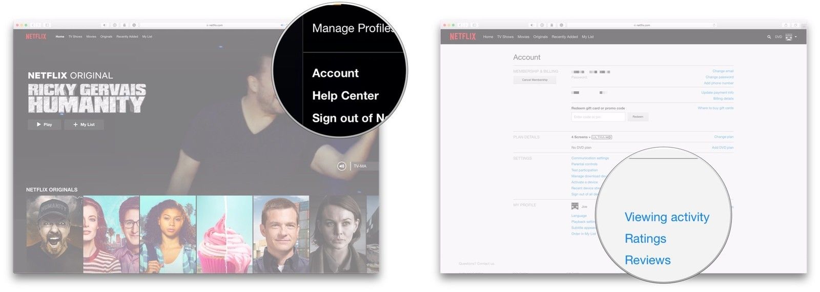 Нажмите Аккаунт, нажмите Просмотр активности