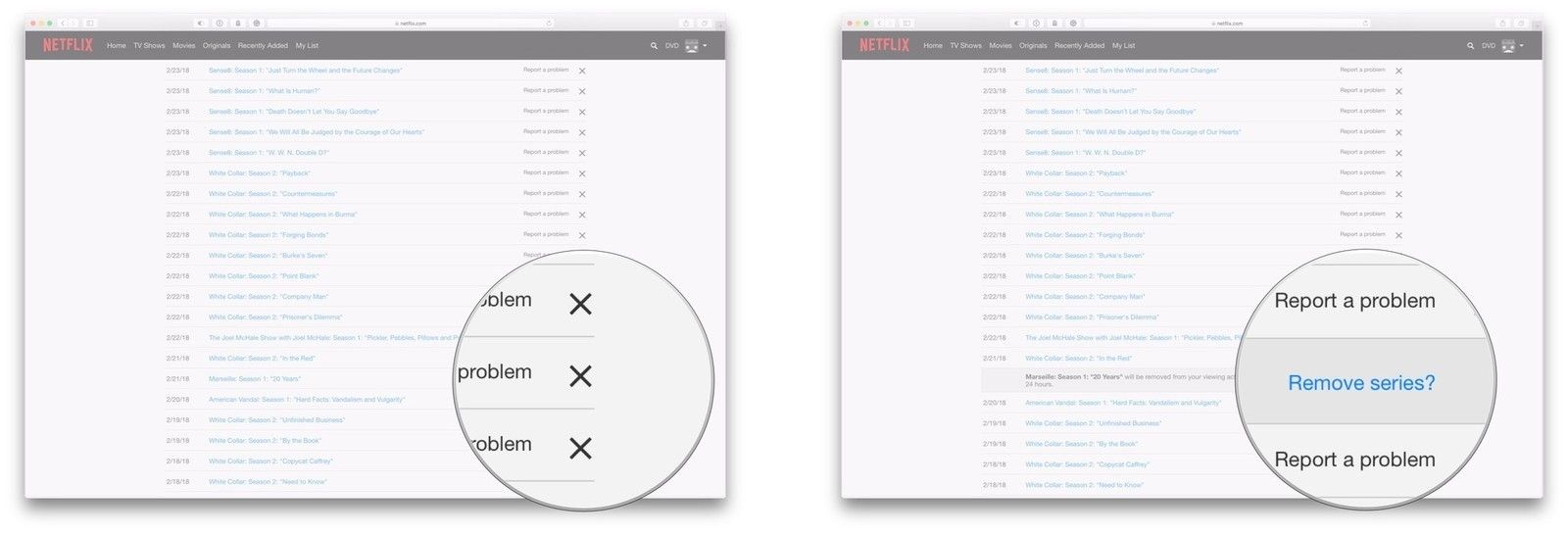 Нажмите X, нажмите Удалить серию?