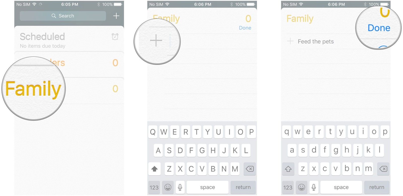 Нажмите на список «Семья», нажмите кнопку «Добавить напоминание», добавьте напоминание, нажмите «Готово».