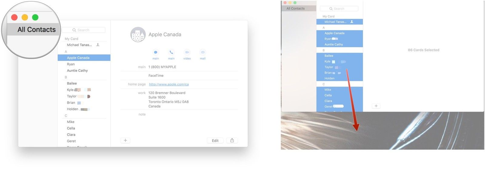 Нажмите Все контакты, нажмите контакт, команда-A, нажмите и перетащите контакты на рабочий стол