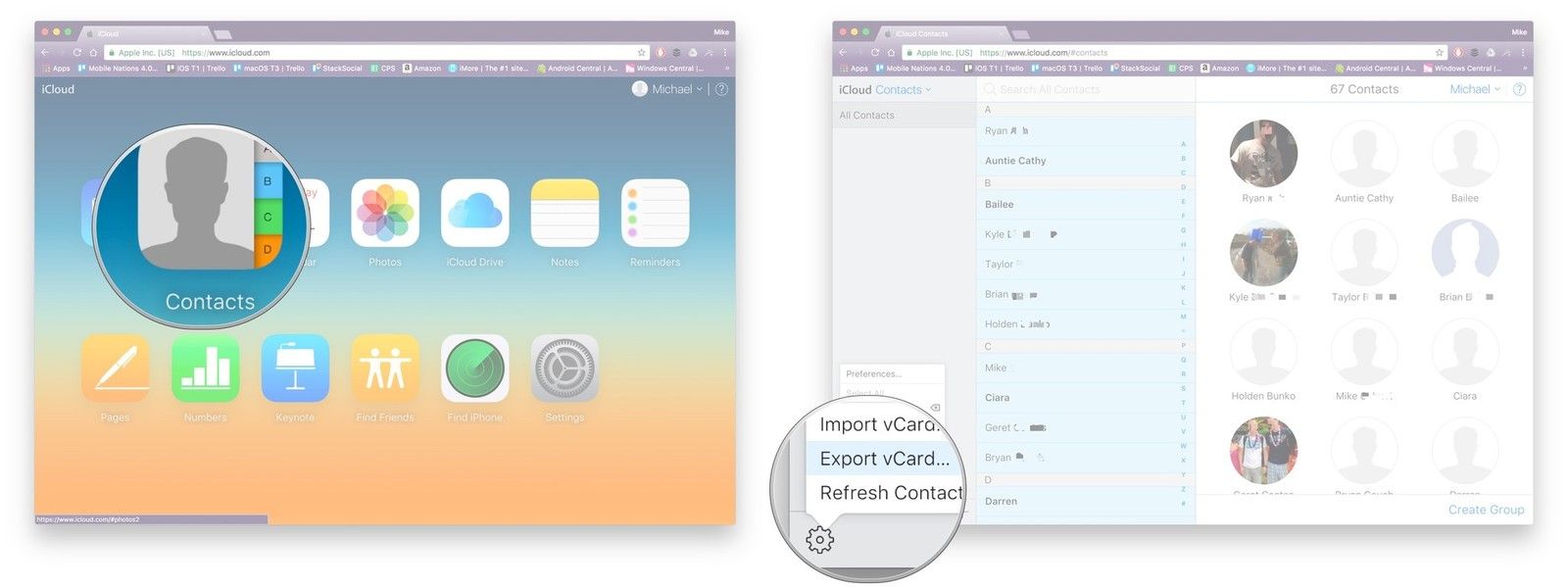Перейдите на iCloud.com, нажмите «Контакты», нажмите на контакт, команда «A», щелкните на шестерёнке, нажмите «Экспорт».