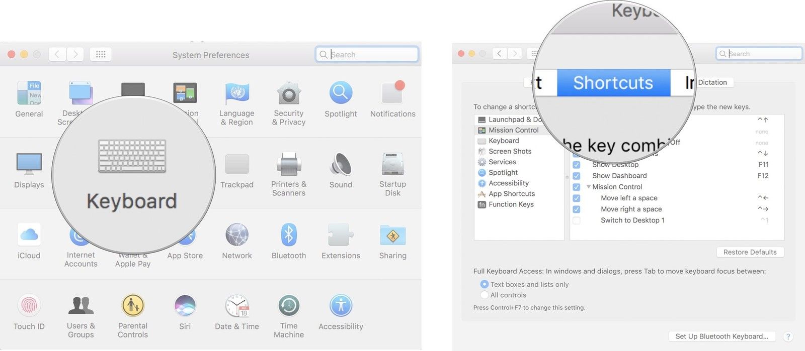 Нажмите Клавиатура, затем нажмите Ярлыки