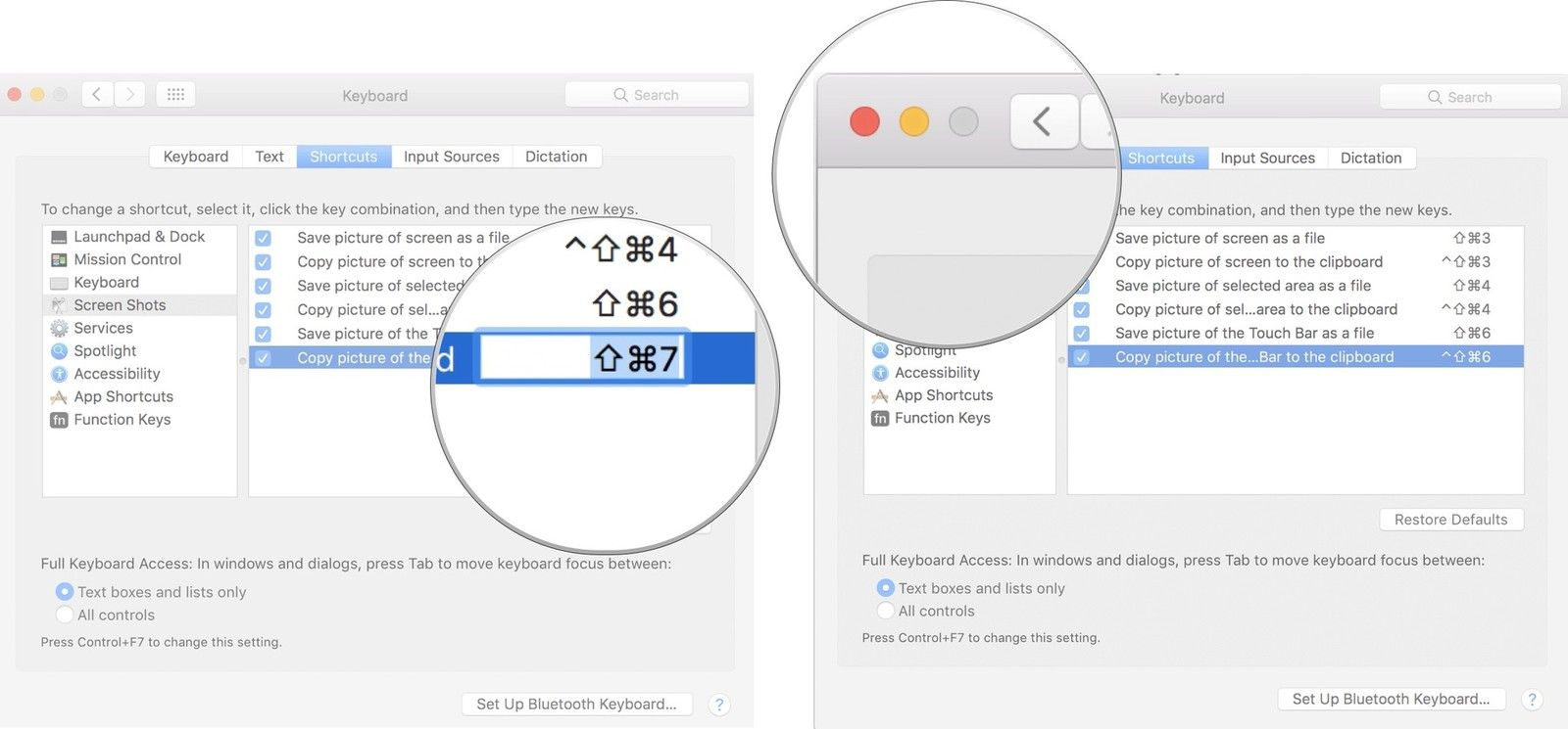 Нажмите на текущий ярлык и введите новые ключи, затем закройте окно
