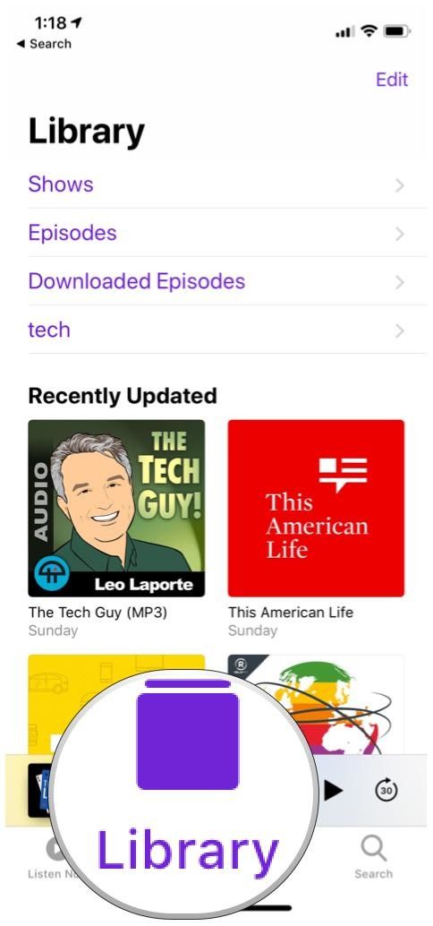 Вкладка библиотеки Apple Podcasts