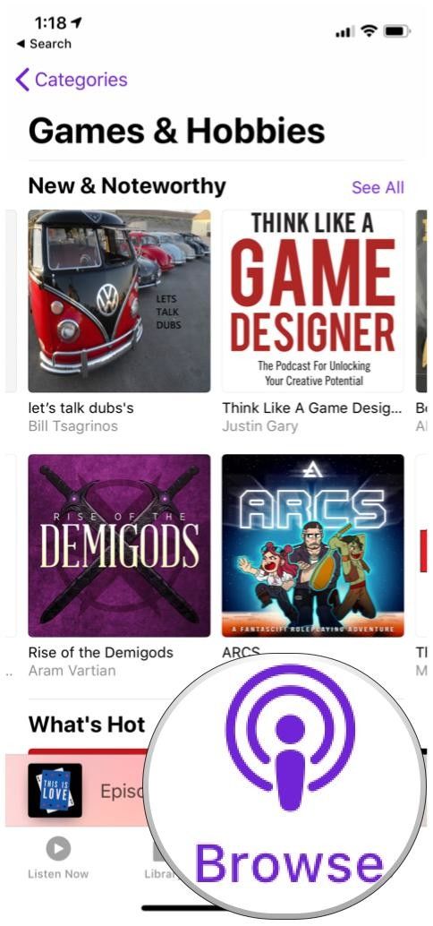 Вкладка просмотра Apple Podcasts