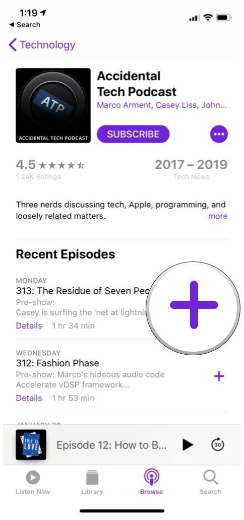 Кнопка добавления списка эпизодов Apple Podcasts