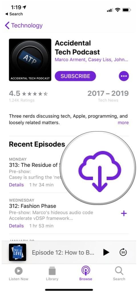 Кнопка загрузки списка эпизодов Apple Podcasts