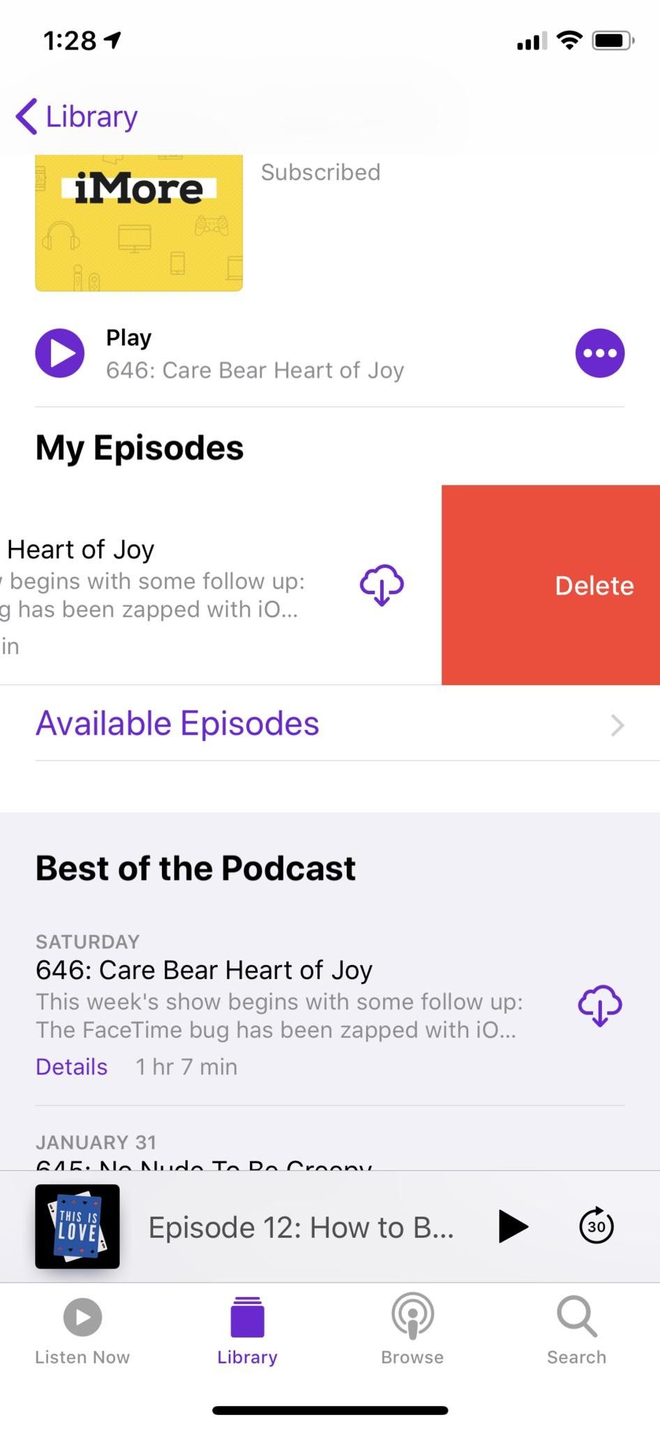 Проведите пальцем, чтобы удалить эпизод iMore Show в Apple Podcasts