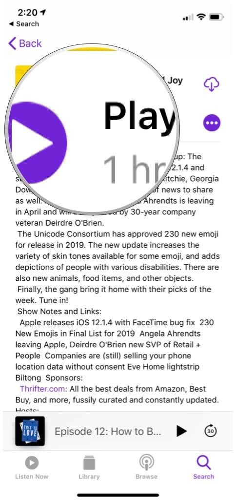 Apple Podcasts iMore Показать кнопку «Показать заметки» Показать подсветку кнопки воспроизведения