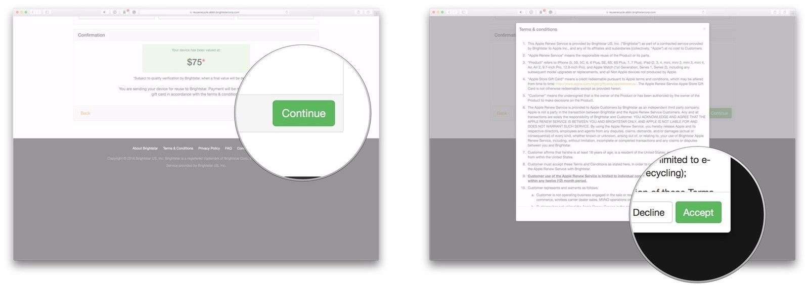 Нажмите Продолжить, нажмите Принять