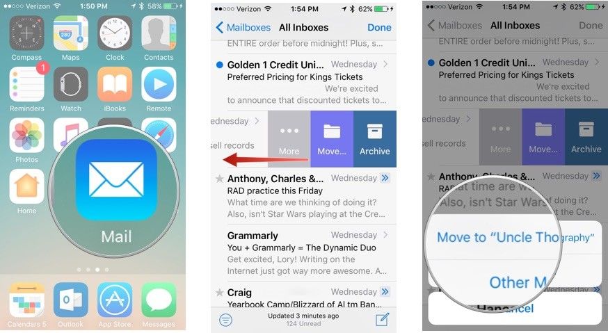 Перемещение электронной почты в предлагаемый почтовый ящик в приложении «Почта» на iPhone