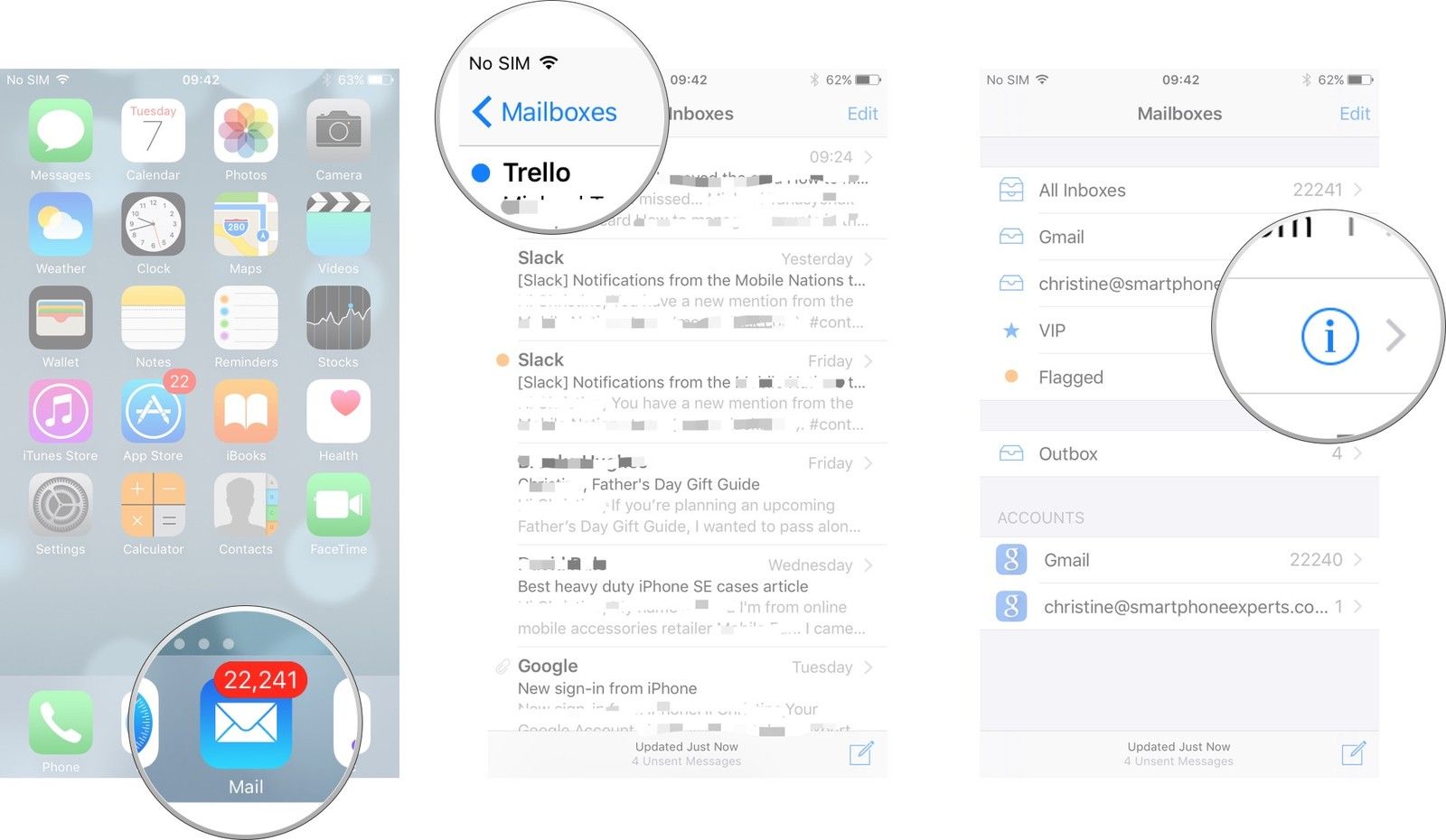 Запустите приложение Почта на главном экране. Нажмите Почтовые ящики. Нажмите на синюю букву «i» в правом конце строки «Входящие VIP».