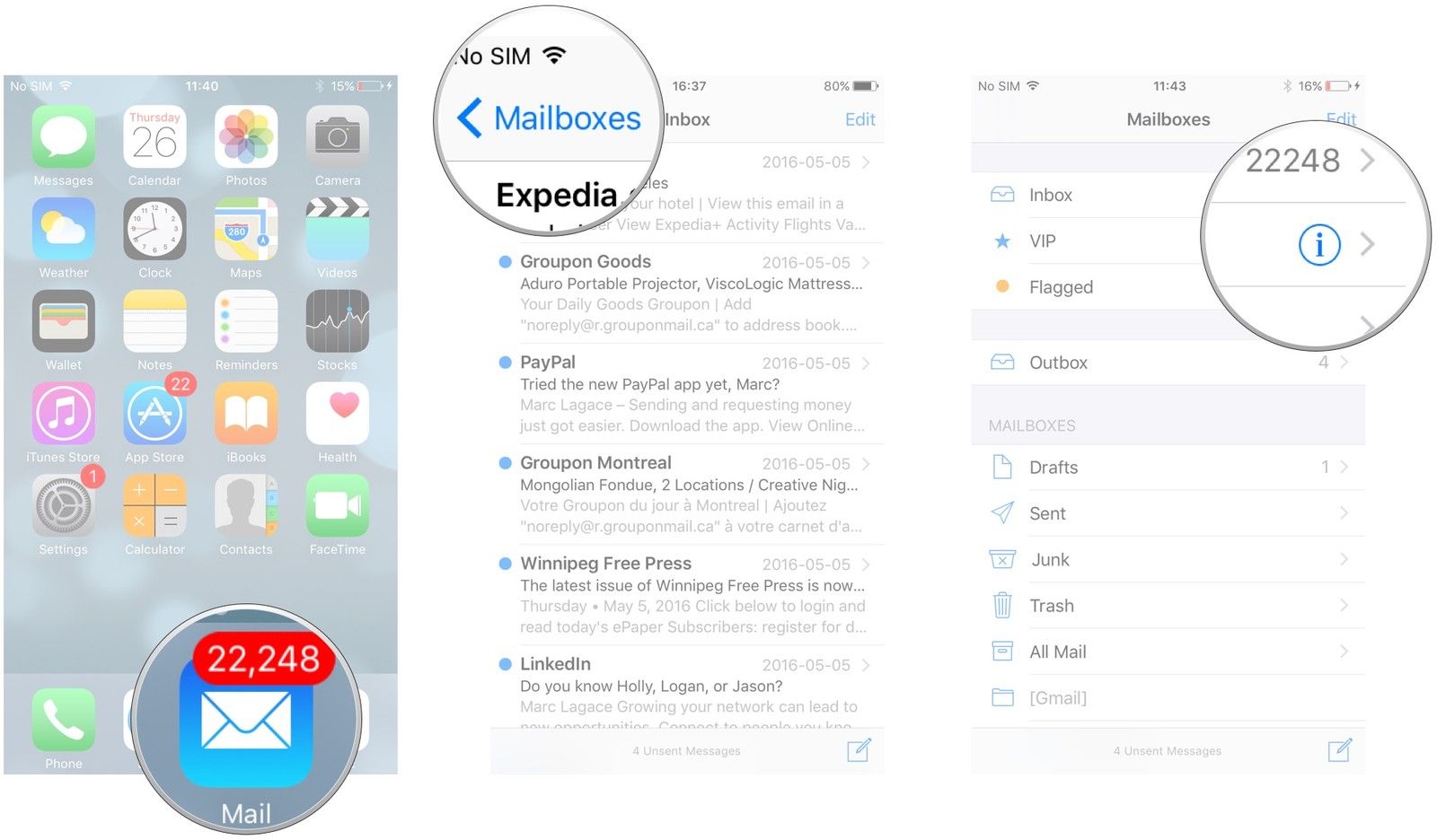 Запустите приложение Почта. Нажмите Почтовые ящики. Нажмите на синюю букву «i» в правом конце строки «Входящие VIP».