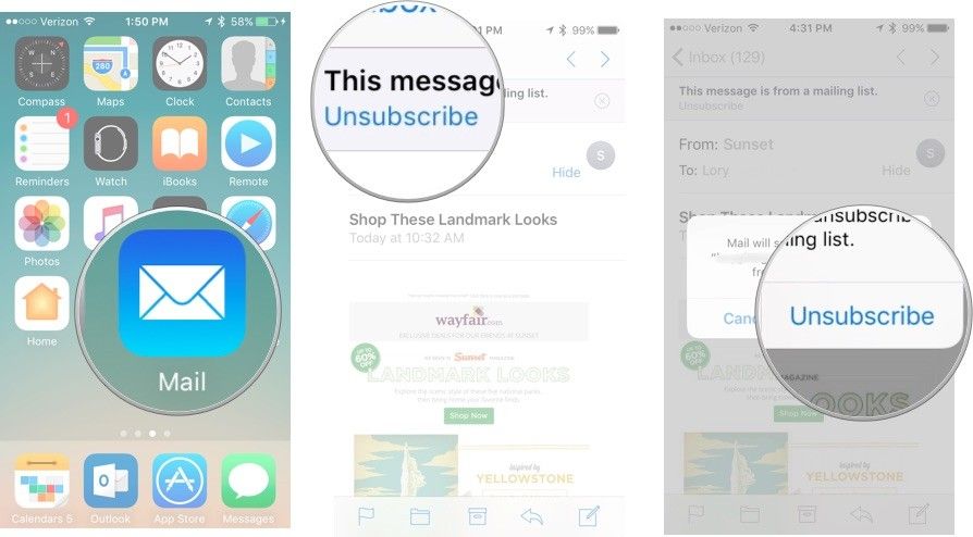 Отмена подписки на список рассылки в приложении Почта на iPhone