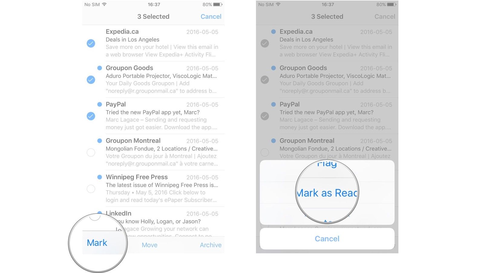Нажмите Марк. Нажмите Пометить как прочитанное.