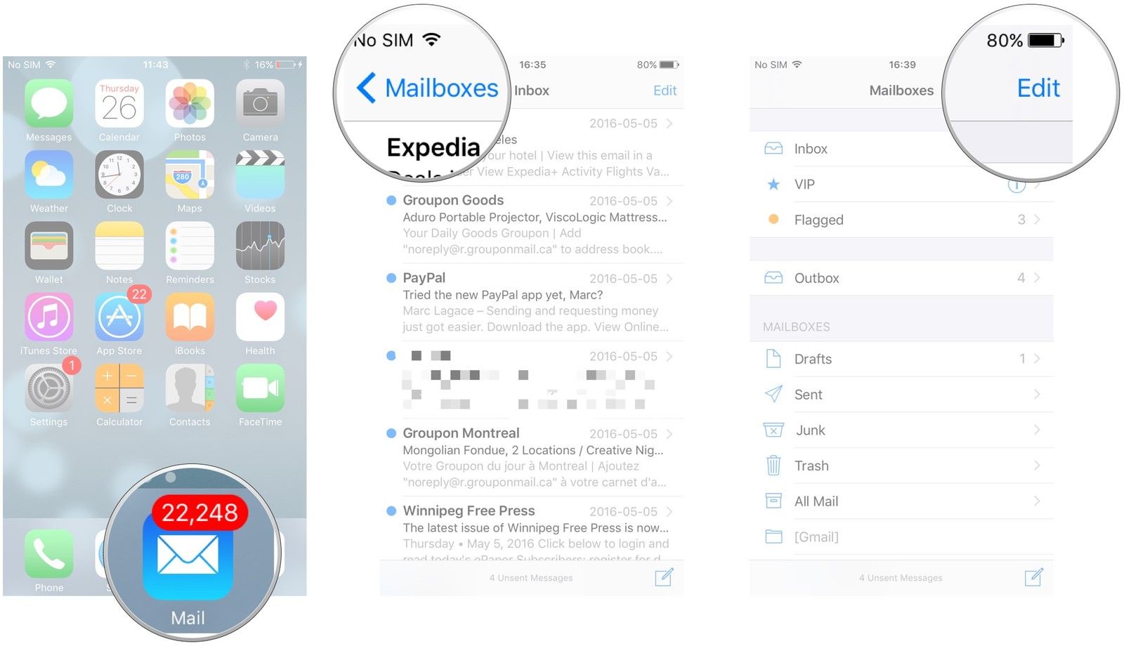 Запустите приложение Почта. Нажмите Почтовые ящики. Нажмите «Изменить».