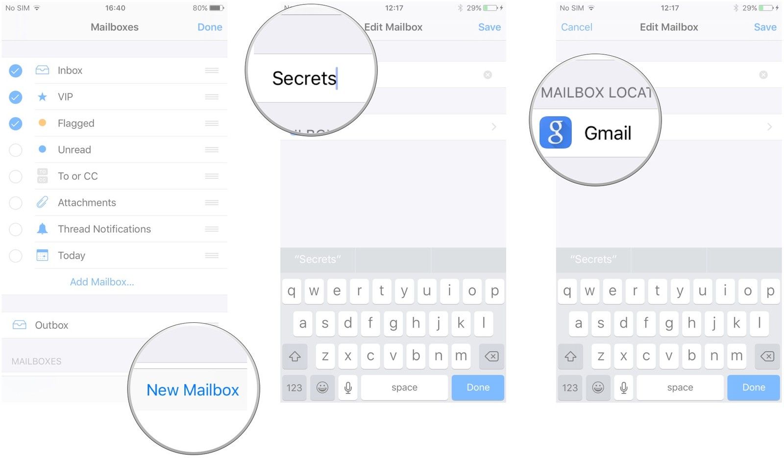 Нажмите Новый почтовый ящик. Введите имя Нажмите на местоположение почтового ящика.