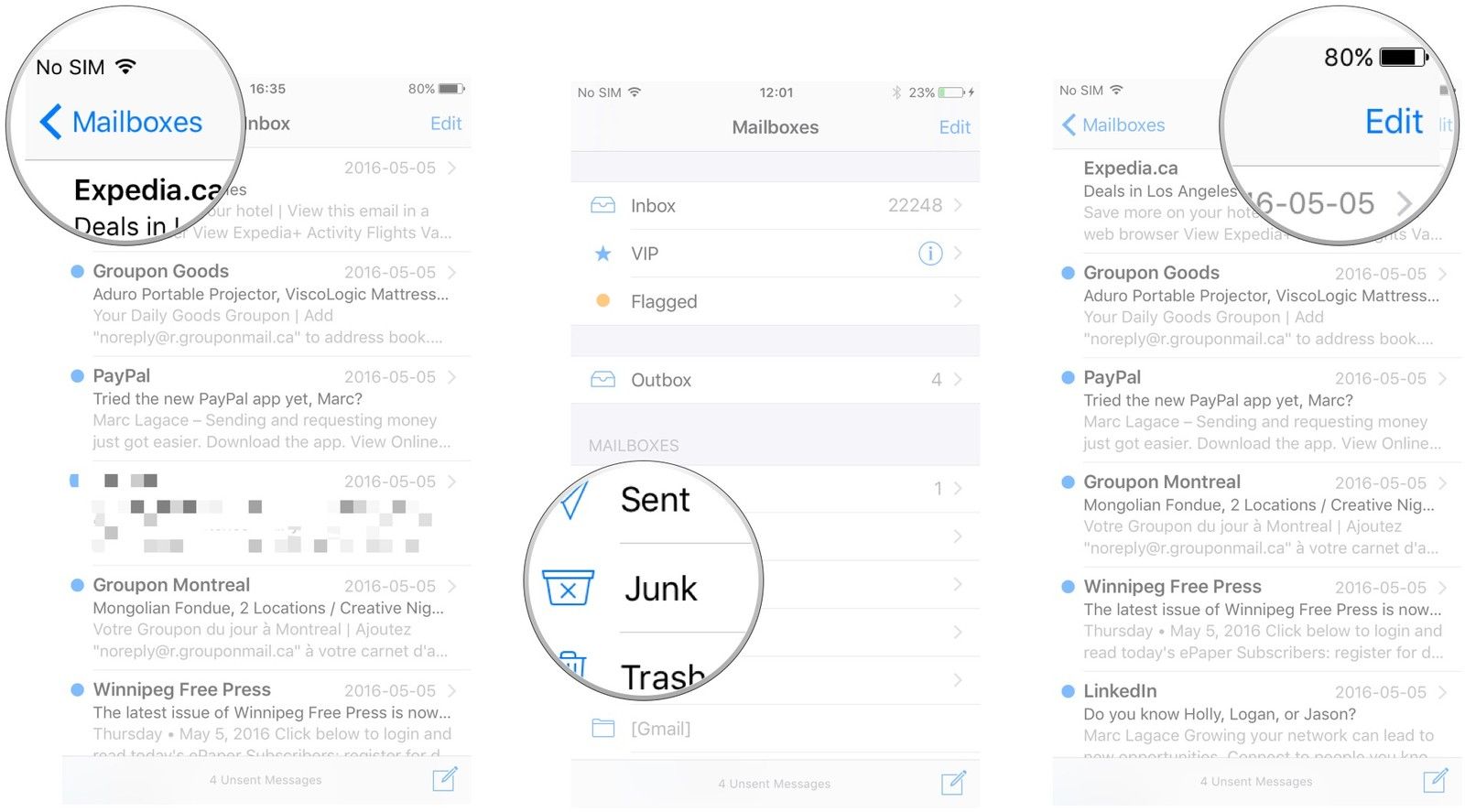 Нажмите Почтовые ящики. Нажмите на почтовый ящик, содержащий сообщения, которые вы хотите переместить. Нажмите «Изменить».