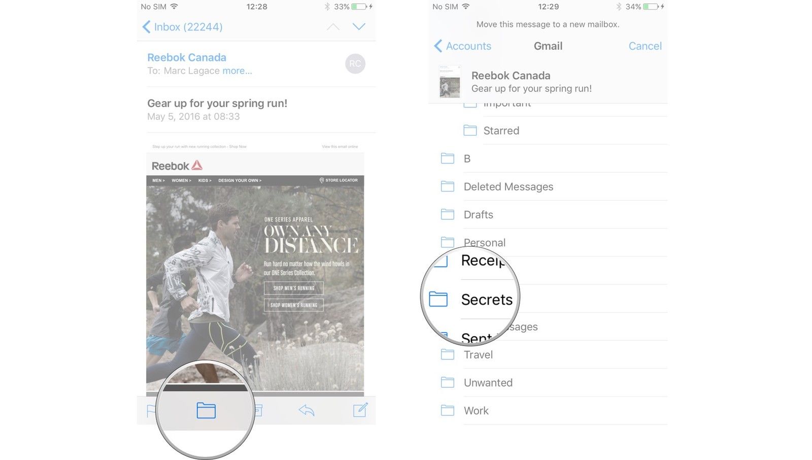 Нажмите кнопку Почтовый ящик. Нажмите на почтовый ящик, в который вы'd like to move the message.