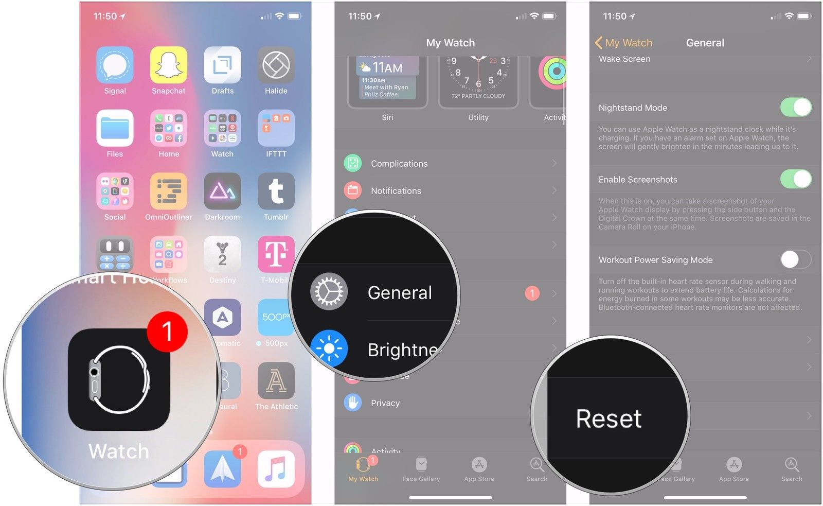 Откройте приложение Apple Watch, нажмите «Общие», нажмите «Сброс»