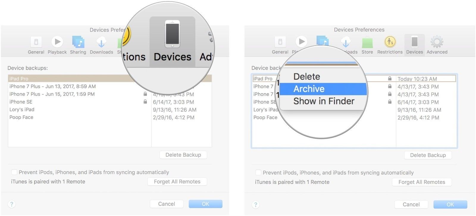 Перейдите на вкладку «Устройства», затем щелкните правой кнопкой мыши или удерживайте нажатой клавишу «Control» и выберите архив