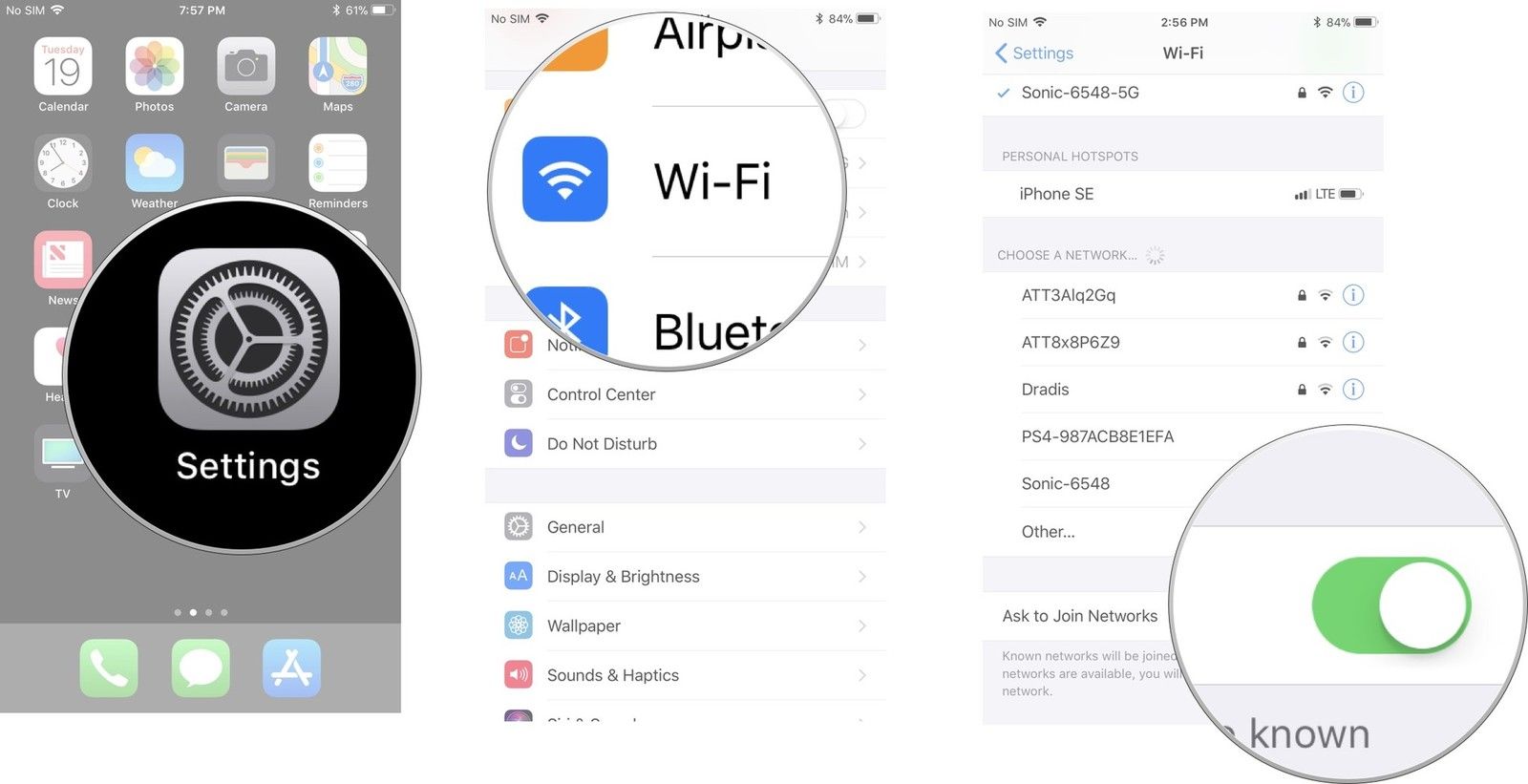 Нажмите «Настройки», затем нажмите «Wi-Fi», затем включите «Запросить присоединение».