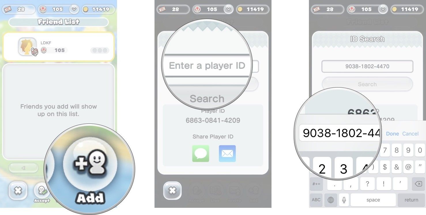 Нажмите &laquo;Добавить&raquo;, нажмите &laquo;Введите идентификатор игрока&raquo;, а затем введите идентификатор игрока, которого хотите добавить.
