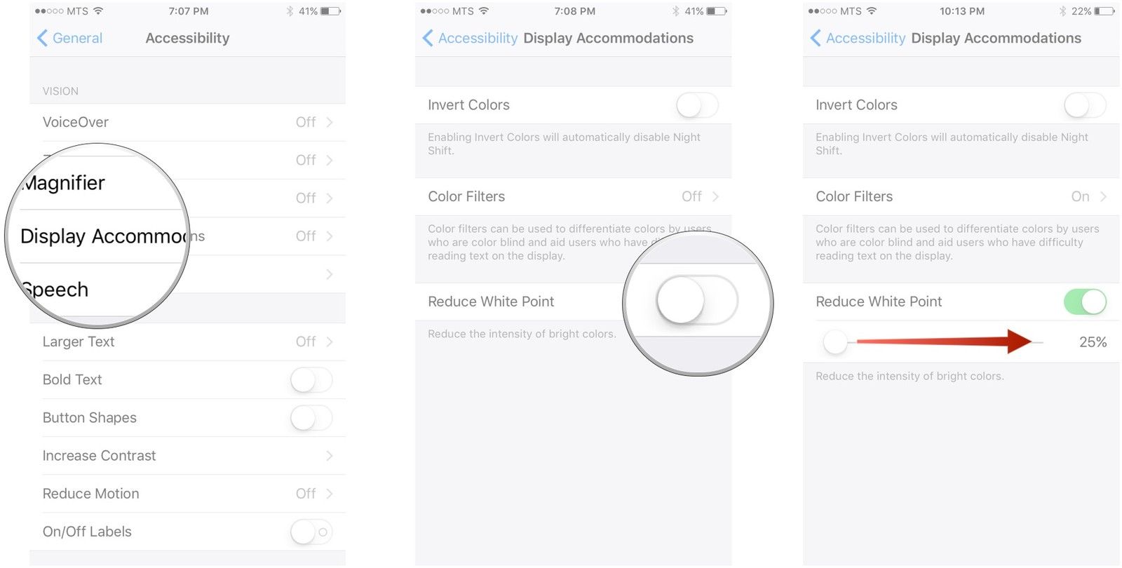 Нажмите «Показать размещение», нажмите переключатель рядом с «Уменьшить точку белого», нажмите и перетащите ползунок.