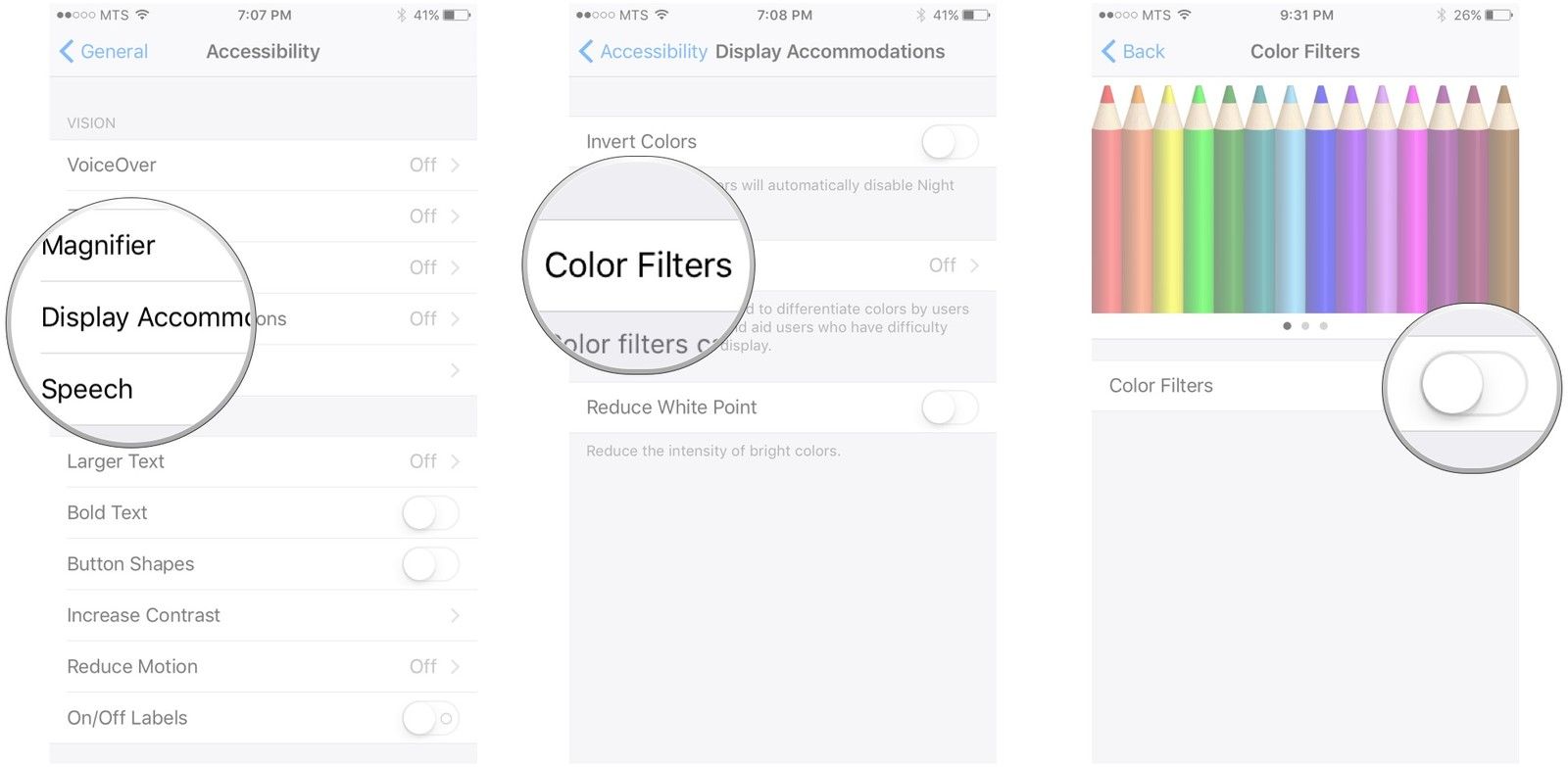 Нажмите Показать помещения, нажмите Цветовые фильтры, нажмите переключатель рядом с Цветовые фильтры, чтобы включить их