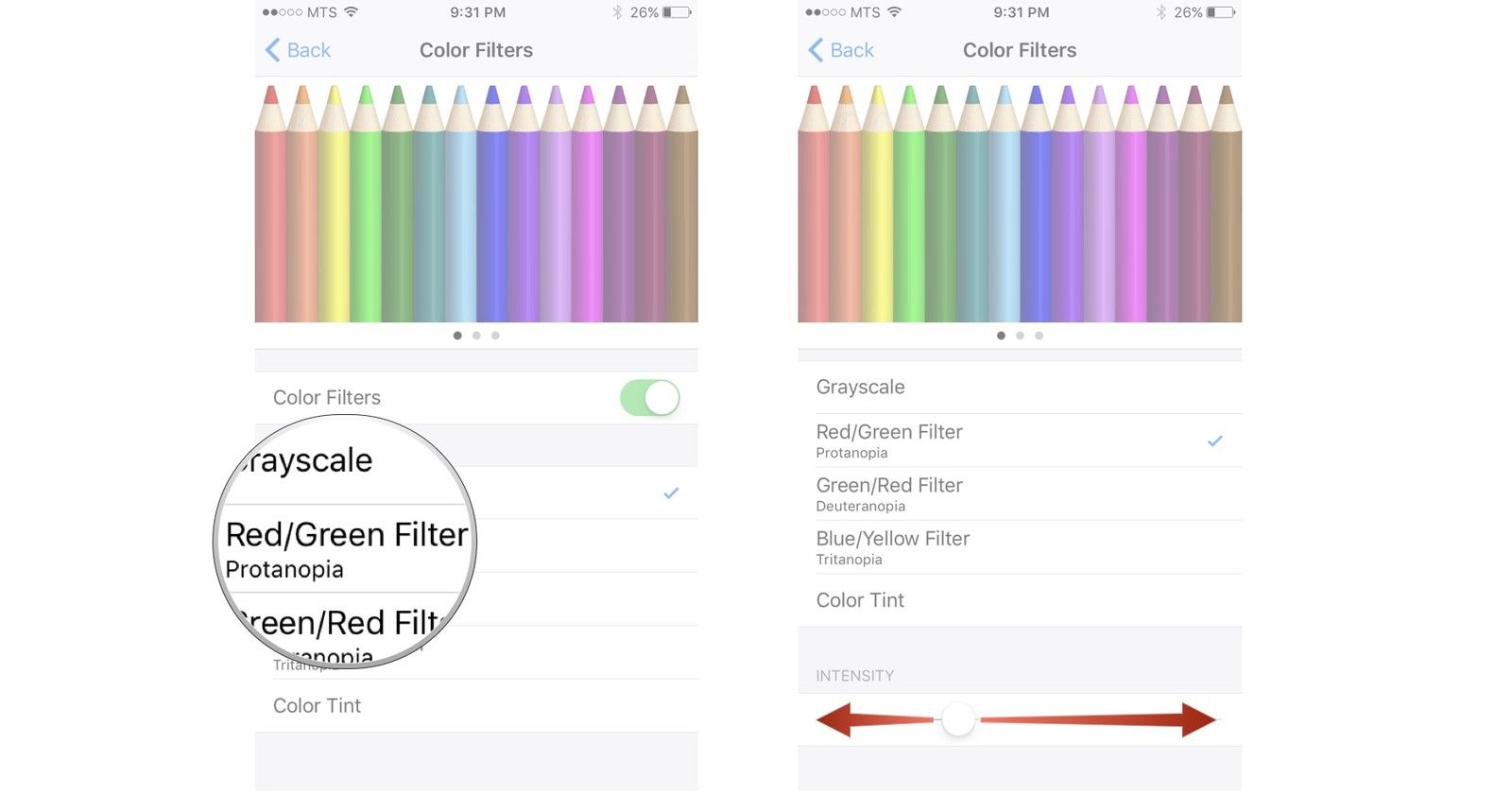 Нажмите на цветной фильтр, нажмите и перетащите ползунок, чтобы изменить его интенсивность