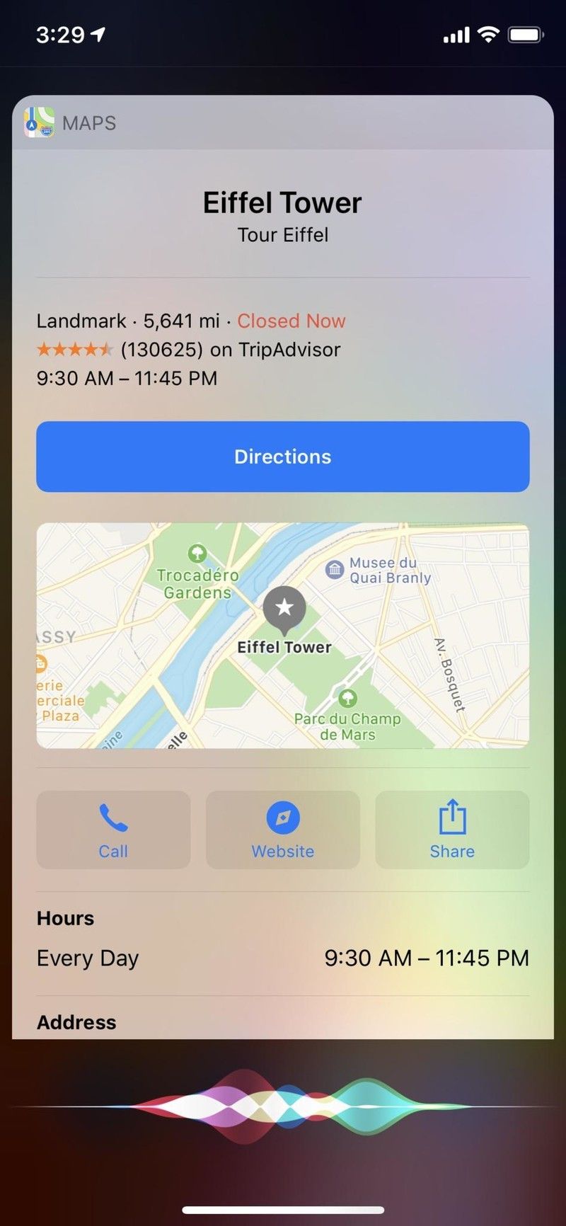 ios 12 Siri получить карту Эйфелевой башни