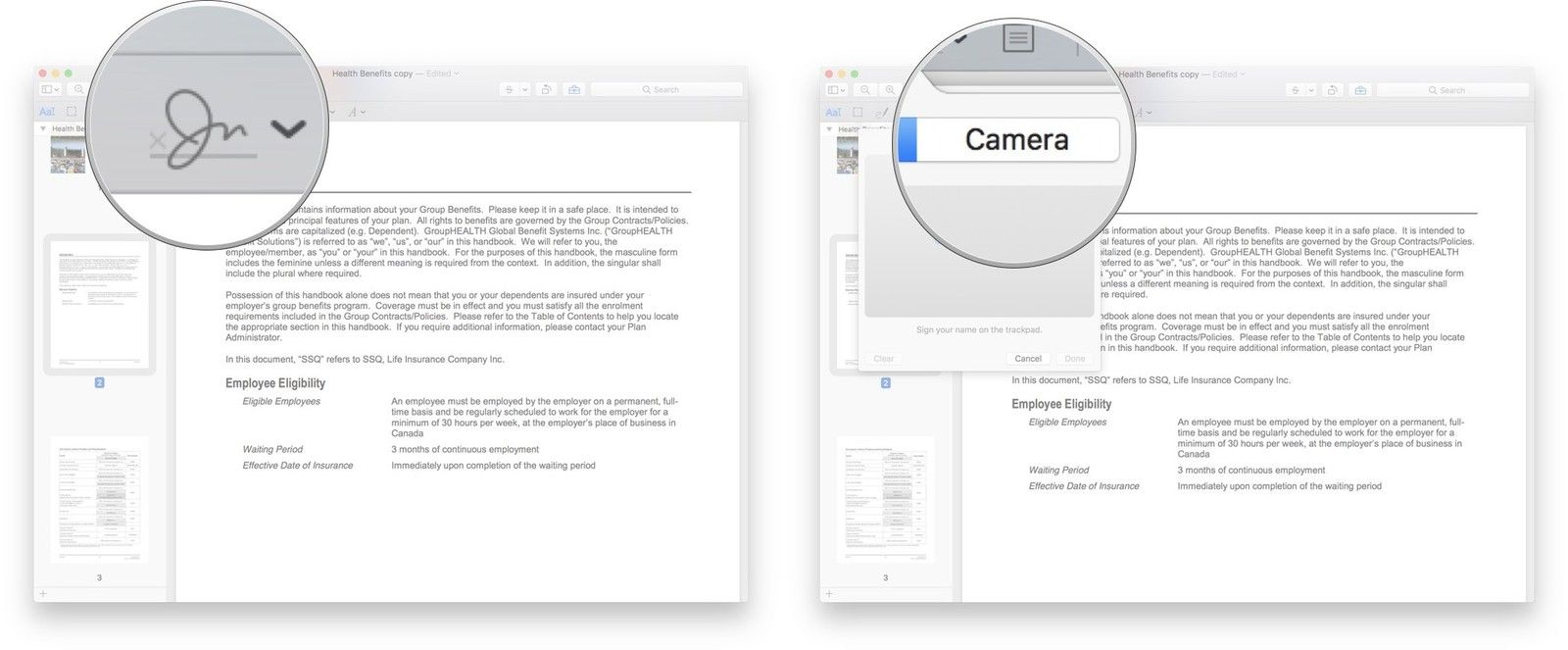 Нажмите кнопку «Подписать», а затем нажмите кнопку камеры.