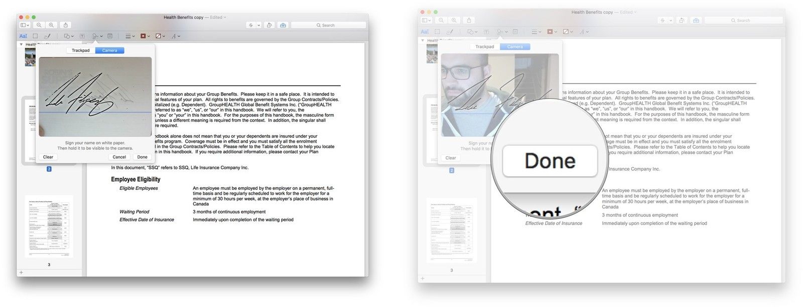 Поднесите подписанный лист бумаги к камере и нажмите «Готово».