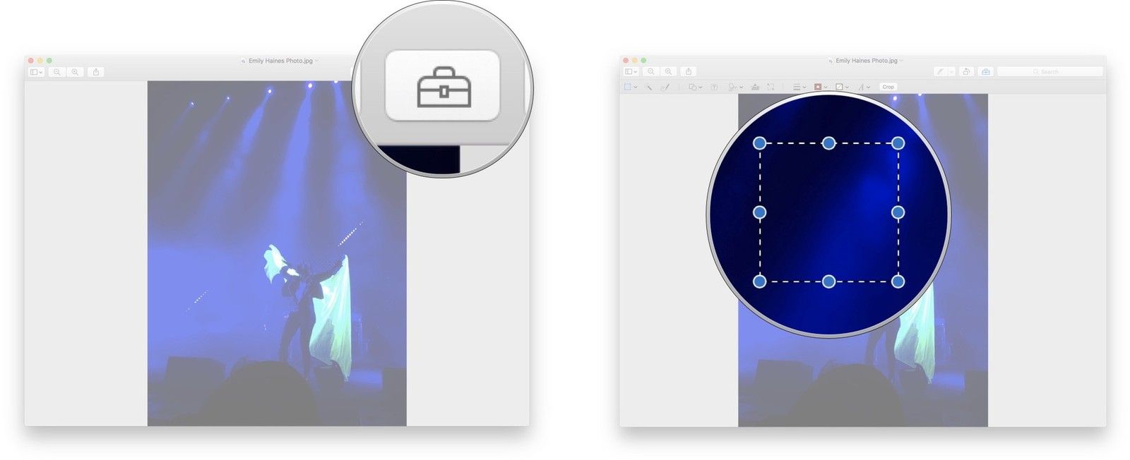 Откройте файл, который вы хотите обрезать в Preview, нажмите кнопку Показать панель инструментов разметки, а затем нажмите, удерживайте и перетащите на файл, чтобы создать выделение.