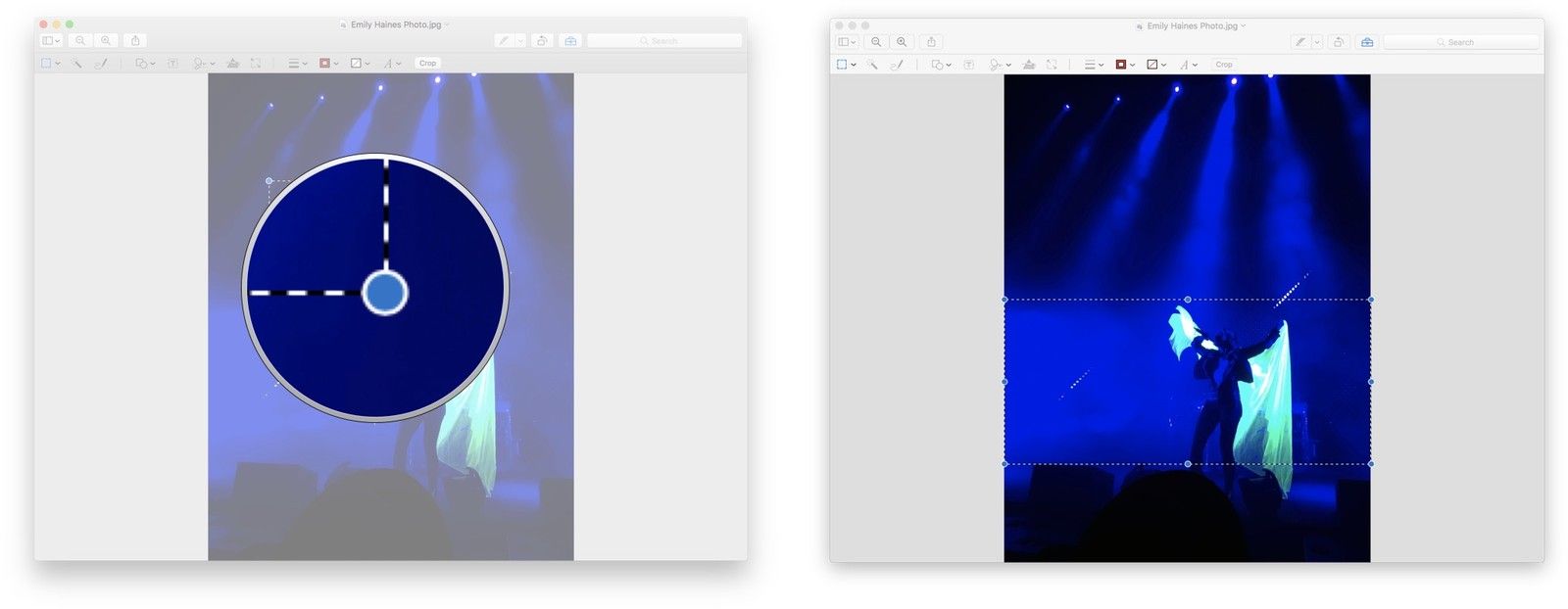 Нажмите, удерживайте и перетащите синие точки, чтобы изменить размер выделения, если это необходимо, а затем используйте сочетание клавиш Command-K, чтобы обрезать изображение.