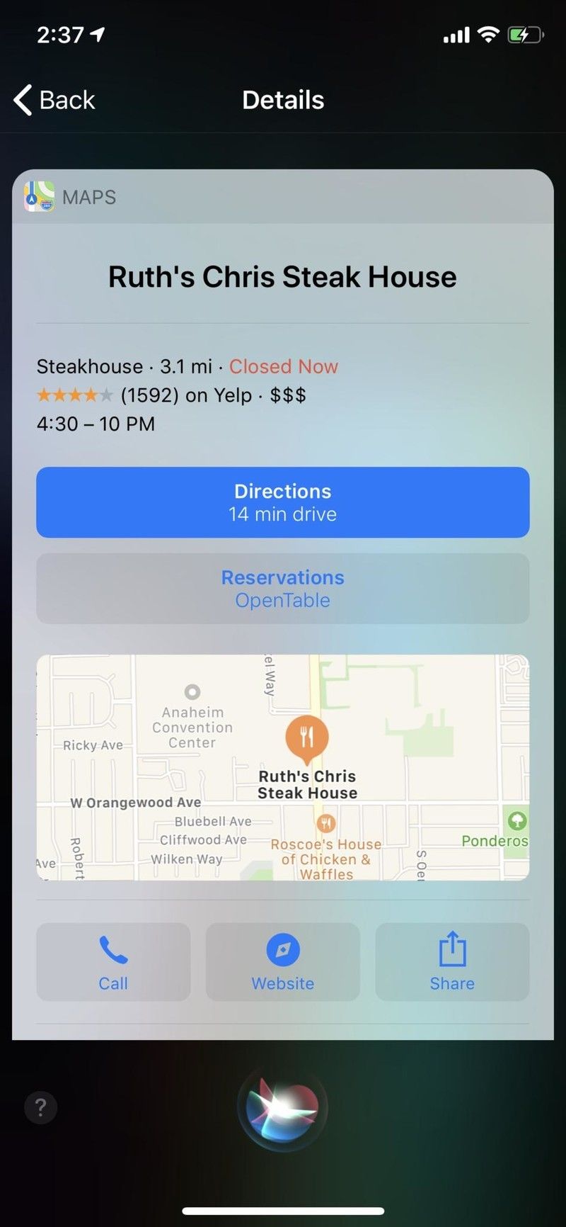 iOS 12 Siri информация о ресторане
